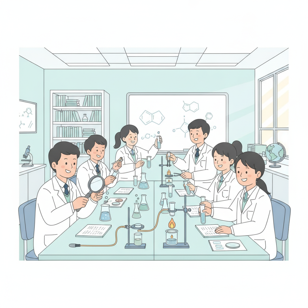 학생들이 실험 기구로 탐구활동을 하는 과학 실습실 일러스트