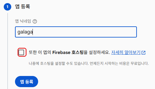 앱 닉네임 입력, 호스팅 체크 해제