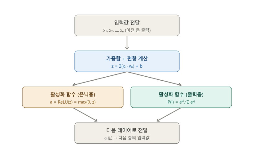 ▲ 각 계층의 연산 흐름 (입력 → 가중치·편향 → 활성화 → 다음 층)